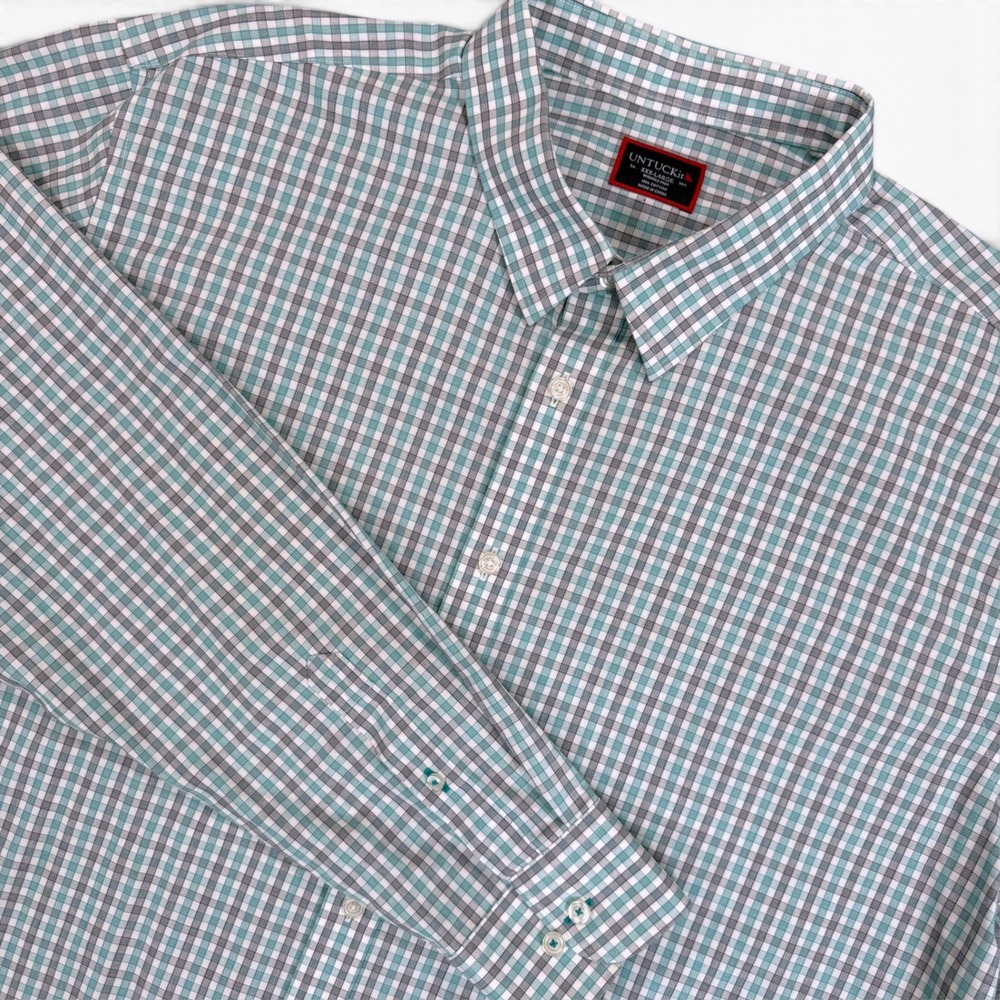 UNTUCKit Button Down Long Sleeve Shirt Mens XXXL Green Gray Plaid Wrinkle Free
